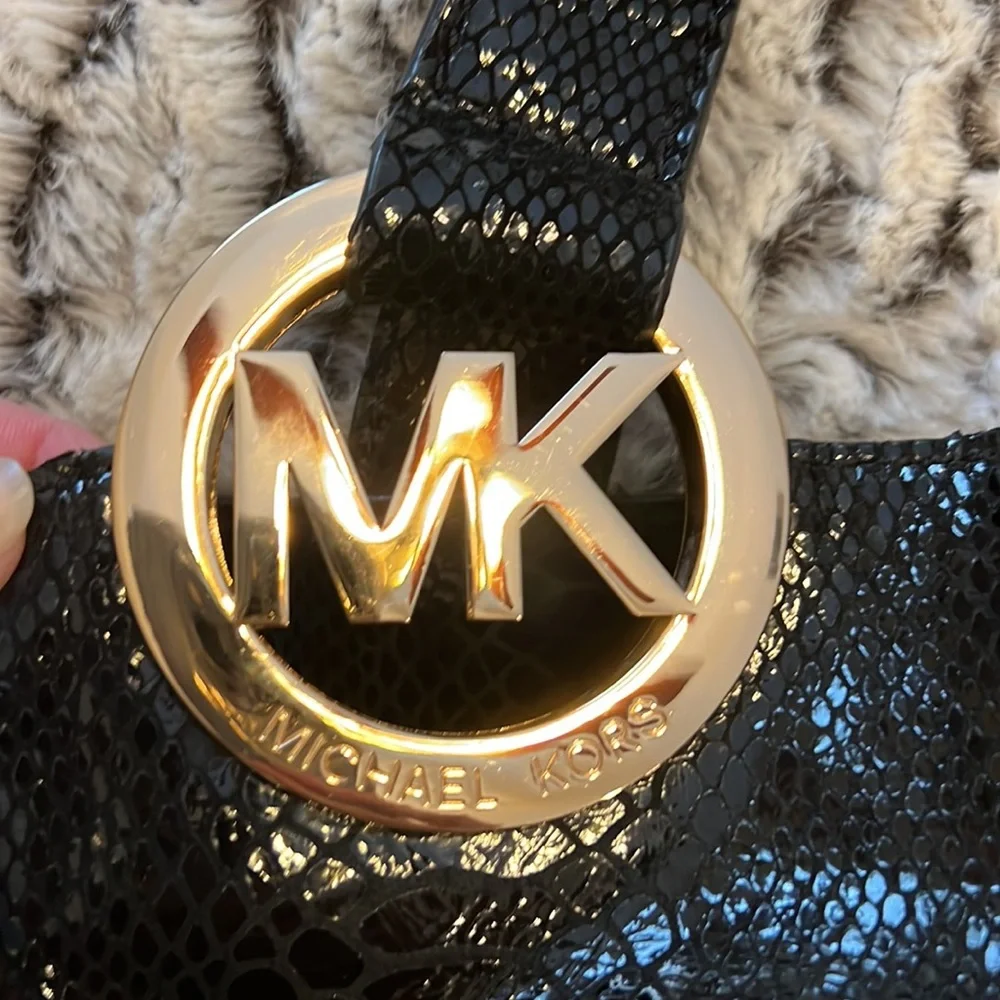 Michael Kors Fulton Black Snake skin Genuine Leather Tote Bag with Gold …
